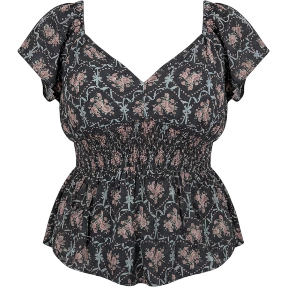 Torrid‎ Floral V-Neck Blouse Womens 2 2X Smocked Peplum Coquette Cottagecore NWT